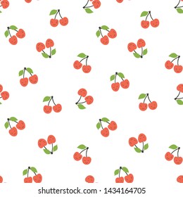 Kid's seamless pattern. Smiling cherry. Fruit fashion print. Design elements for baby textile or clothes. Hand drawn doodle repeating delicacies. Cute berry wallpaper for children