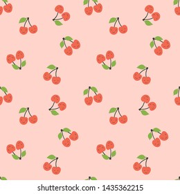 Kid's seamless pattern. Smiling cherry. Fruit fashion print. Design elements for baby textile or clothes. Hand drawn doodle repeating delicacies. Cute berry wallpaper for children