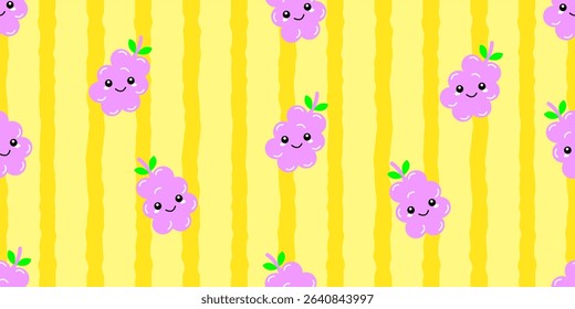 Kid's seamless pattern. Smiling Grape. Exotic fruit fashion print. Design elements for baby textile or clothes. Hand drawn doodle repeating delicacies. Tropical wallpaper