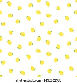 Kid's seamless pattern. Smiling lemon. Exotic citrus fruit fashion print. Design elements for baby textile or clothes. Hand drawn doodle repeating delicacies. Cute tropical wallpaper for children