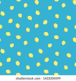 Kid's seamless pattern. Smiling lemon. Exotic citrus fruit fashion print. Design elements for baby textile or clothes. Hand drawn doodle repeating delicacies. Cute blue tropical wallpaper for children