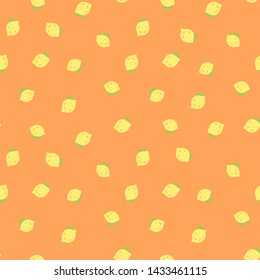 Kid's seamless pattern. Smiling lemon. Exotic citrus fruit fashion print. Design elements for baby textile or clothes. Hand drawn doodle repeating delicacies. Cute tropical wallpaper for children