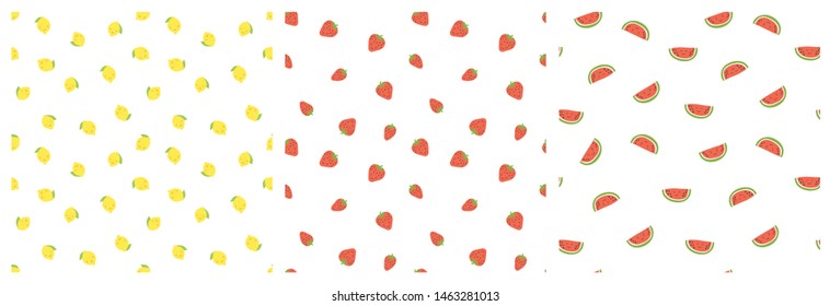 Kid's seamless pattern. Smiling lemon, strawberry, watermelon. Exotic fruit fashion print. Design elements for baby textile or clothes. Hand drawn doodle repeating delicacies. Tropical wallpaper