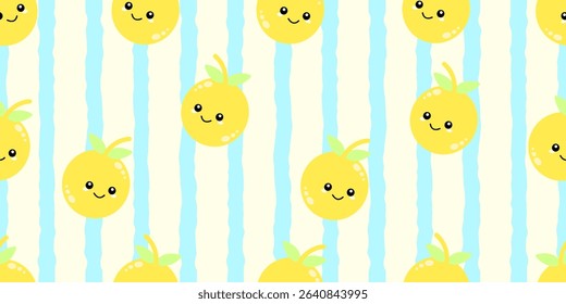 Kid's seamless pattern. Smiling Orange. Exotic fruit fashion print. Design elements for baby textile or clothes. Hand drawn doodle repeating delicacies. Tropical wallpaper