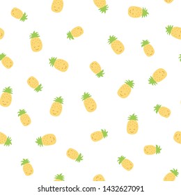 Kid's seamless pattern. Smiling pineapple. Exotic fruit fashion print. Design elements for baby textile or clothes. Hand drawn doodle repeating delicacies. Cute tropical wallpaper for children
