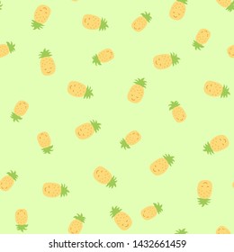 Kid's seamless pattern. Smiling pineapple. Exotic fruit fashion print. Design elements for baby textile or clothes. Hand drawn doodle delicacies. Cute yellow and green tropical wallpaper for children
