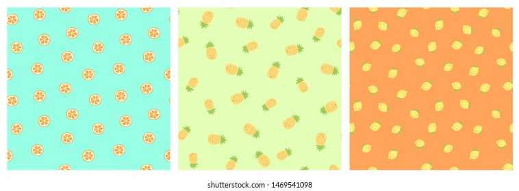 Kid's seamless pattern. Smiling pineapple and lemon. Orange slice. Exotic fruit fashion print. Design elements for baby textile or clothes. Hand drawn doodle repeating delicacies. Tropical wallpaper