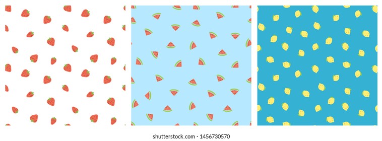 Kid's seamless pattern. Smiling strawberry, watermelon, lemon. Exotic fruit fashion print. Design elements for baby textile or clothes. Hand drawn doodle repeating delicacies. Tropical wallpaper