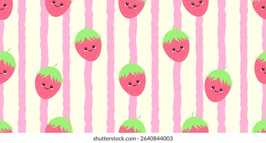 Kid's seamless pattern. Smiling Strawberry. Exotic fruit fashion print. Design elements for baby textile or clothes. Hand drawn doodle repeating delicacies. Tropical wallpaper