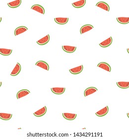 Kid's seamless pattern. Smiling watermelon. Exotic fruit fashion print. Cartoon berry. Design elements for baby textile or clothes. Hand drawn repeating delicacies. Tropical wallpaper for children