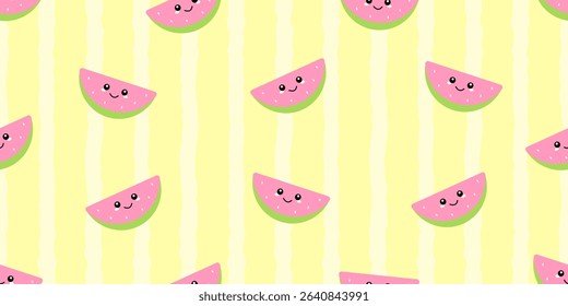 Kid's seamless pattern. Smiling Watermelon. Exotic fruit fashion print. Design elements for baby textile or clothes. Hand drawn doodle repeating delicacies. Tropical wallpaper