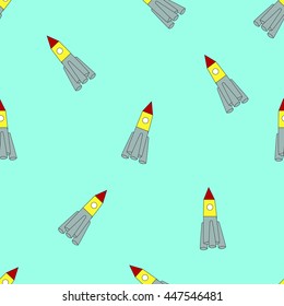 kids seamless pattern space rocket on a green background