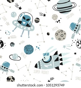 Kids seamless pattern - space, spaceships and planets with stars. Trendy kids vector background. Perfect for kids fabric, textile, nursery wallpaper.