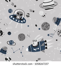 Kids seamless pattern - space, spaceships and planets with stars. Trendy kids vector background. Perfect for kids fabric, textile, nursery wallpaper.