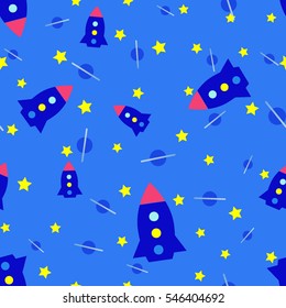 kids seamless pattern spaceships, stars and planets on a blue background vector illustration