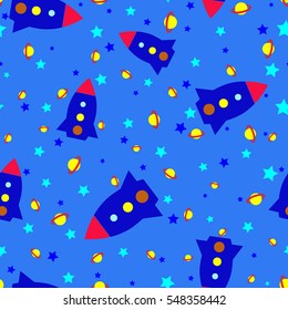 kids seamless pattern spaceships, stars and planets on a blue background vector illustration