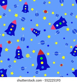 kids seamless pattern spaceships, stars and planets on a blue background vector illustration