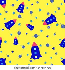 kids seamless pattern with stars, spacecraft, rocket stars on a yellow background vector illustration