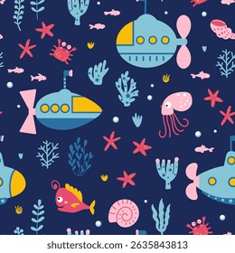 KIds seamless pattern with submarines among the underwater world. Cute underwater elements in cartoon style are located on a blue background. Vector illustration.