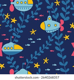 Kids seamless pattern with submarines among seaweed, fish and starfish. Cute underwater elements in cartoon style are located on a blue background. Vector illustration.