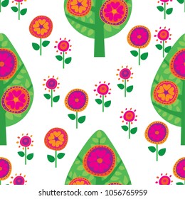 Kids seamless pattern with summer trees and flowers for textile, wallpapers, gift wrap and scrapbook. Vector.