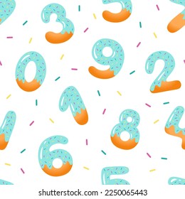 Kids seamless pattern with sweet blue donuts numbers. School, birthday dessert or nursery theme wallpaper.