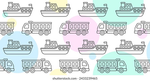 Kids seamless pattern with toy car and ship. Outline background with truck, boat and color spots for interior of children's rooms, clothing, wrapping paper. Vector flat cartoon illustration