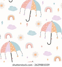 kids seamless pattern, umbrella , rain, cloud pattern, baby, child, children, fabric, textile, paper, bohemian, boho