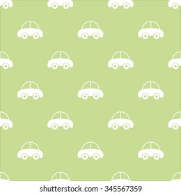 kids seamless pattern with white cars on a green background
