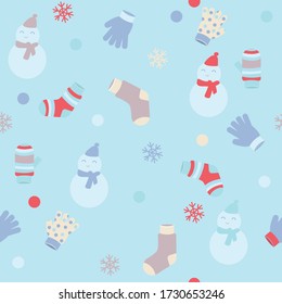 Kids seamless pattern with winter accessories and snowmen