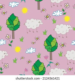 kids seamless patterns with doodle drawing of sheeps, trees, clouds, flowers, sun. vector graphics for textile (for example, for curtains in the children's room)