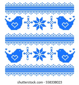 kids seamless pixel pattern in the birds. Cross stitch. Valentine s Day. Vector ethnic pattern