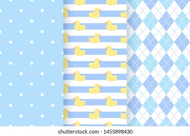 Kids seamless texture. Baby pattern. Blue pastel background. Vector. Baby boy geometric textile print. Cute childish backdrop with polka dots, stripes, rhombus. Flat design. Modern illustration.