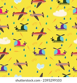 Kids seamless vector pattern with airplanes and helicopters; air vehicles with feathers , clouds and drops of water