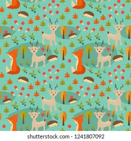 Kids seamless vector pattern. Autumn forest with cute animals: hedgehog, fox, deer. Great for textile, fabric, paper and other surface