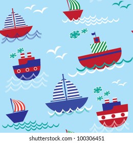 Kids seamless vector pattern with boats, ships and yachts