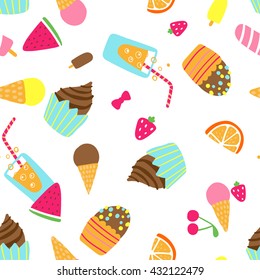 Kids Seamless Vector Pattern with Delicious Ice Cream Cupcakes Strawberry Orange Cherry Watermelon