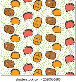 Kids seamless vector pattern with hand drawn hedgehogs on grass.