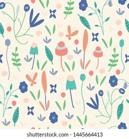 Kids seamless vector pattern with leaves and florals editable and separable