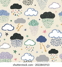 Kids Seamless Vector Repeat Pattern With Decorated Clouds, Rain Drops, Lightning Bolts, Stars. Great For Kids, Boys Projects, Beach, Bedding And More