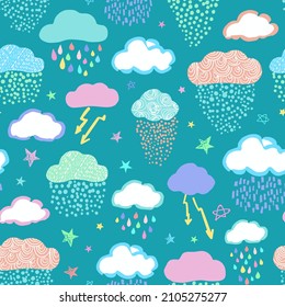 Kids Seamless Vector Repeat Pattern With Decorated Clouds, Rain Drops, Lightning Bolts, Stars. Great For Kids, Boys Projects, Beach, Bedding And More