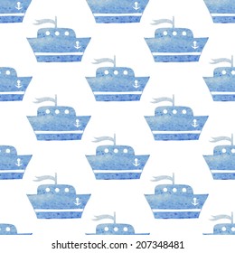 Kids seamless vector watercolor pattern with ships, boats on white