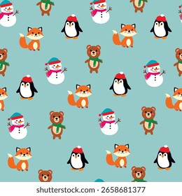 crianças padrão de inverno sem costura com animais bonitos e bonitos bonitos