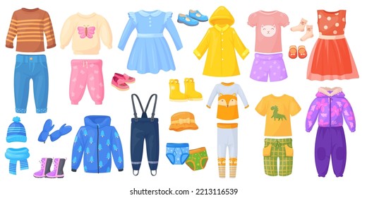 Kids seasonal outfit. Baby child autumn winter spring summer clothes, children colouring clothing male pants warm jumper coat dress shirt, apparel vector illustration of season clothing outerwear