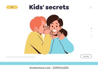 Kids secrets landing page design template with happy children gossiping in hushed tone of voice