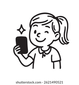 Crianças Selfie e criação de vídeo ícone definir mão desenhado preto e branco
