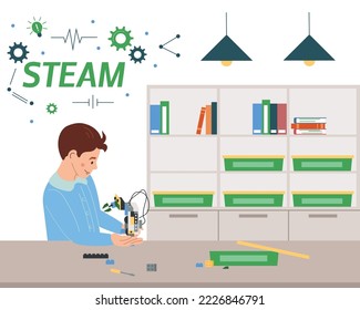 Kids services flat concept with boy during steam education process vector illustration