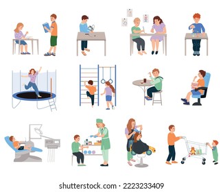 Kids services flat icons set with children playing eating and visiting doctor isolated vector illustration