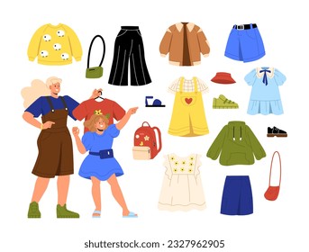 Kids with set of clothes concept. Mother and daughter choose clothes. Fashion, trend and style. Shopping and buying of dresses and tshirts. Cartoon flat vector collection isolated on white background