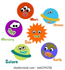 Kids Set of planets with funny faces. Cartoon style. white background, isolation. Stock illustration. Educational and game manual. Suitable for the design of children's clothing, boxes for toys.